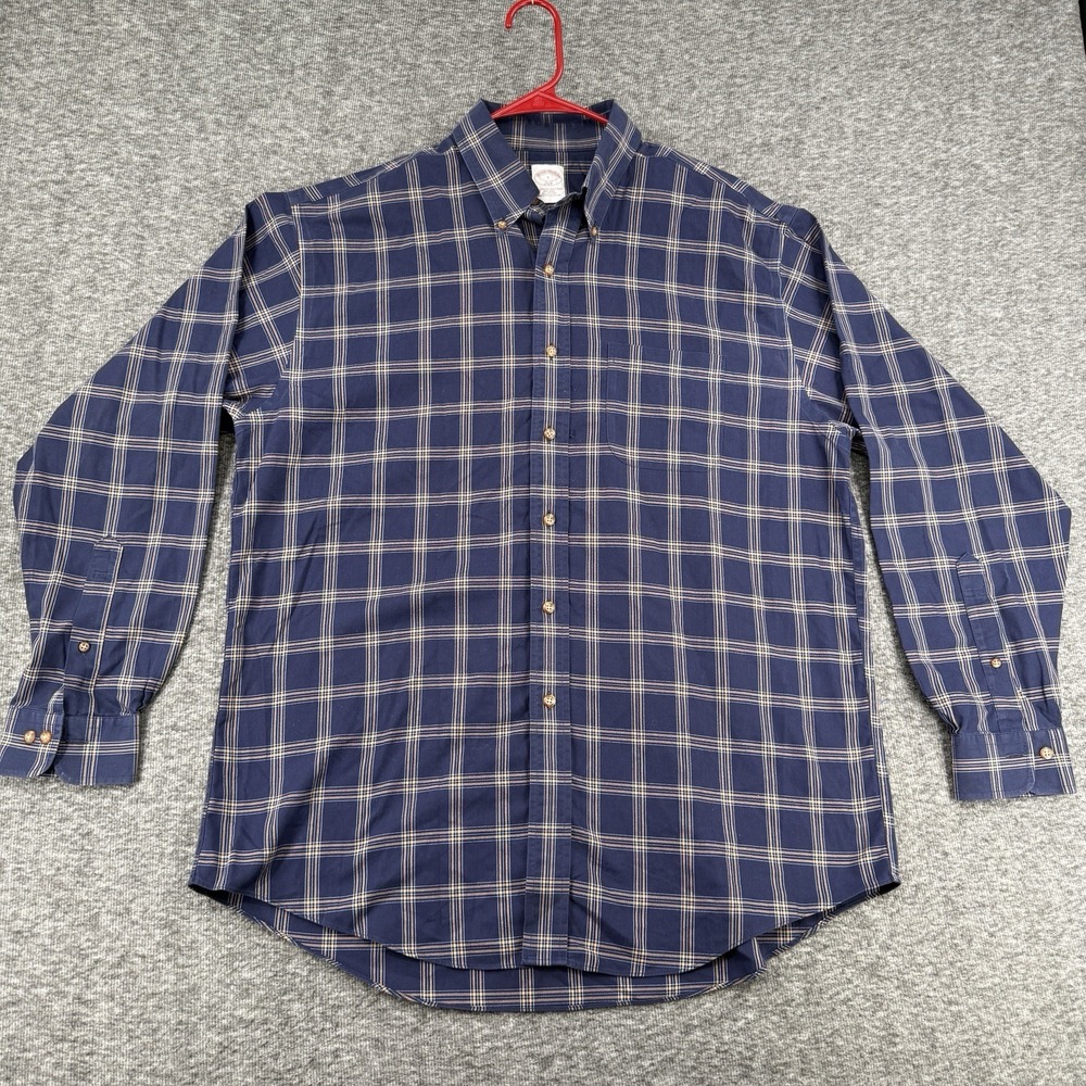 Brooks Brothers 346 Mens Large Plaid Non-Iron Cotton Button Down Shirt Tan Navy